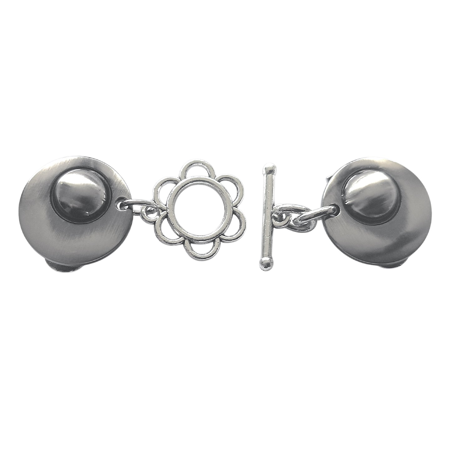 Zilverkleurige handgemaakte vestclip met open T-bar en bloemvormige ring, speels en elegant ontwerp