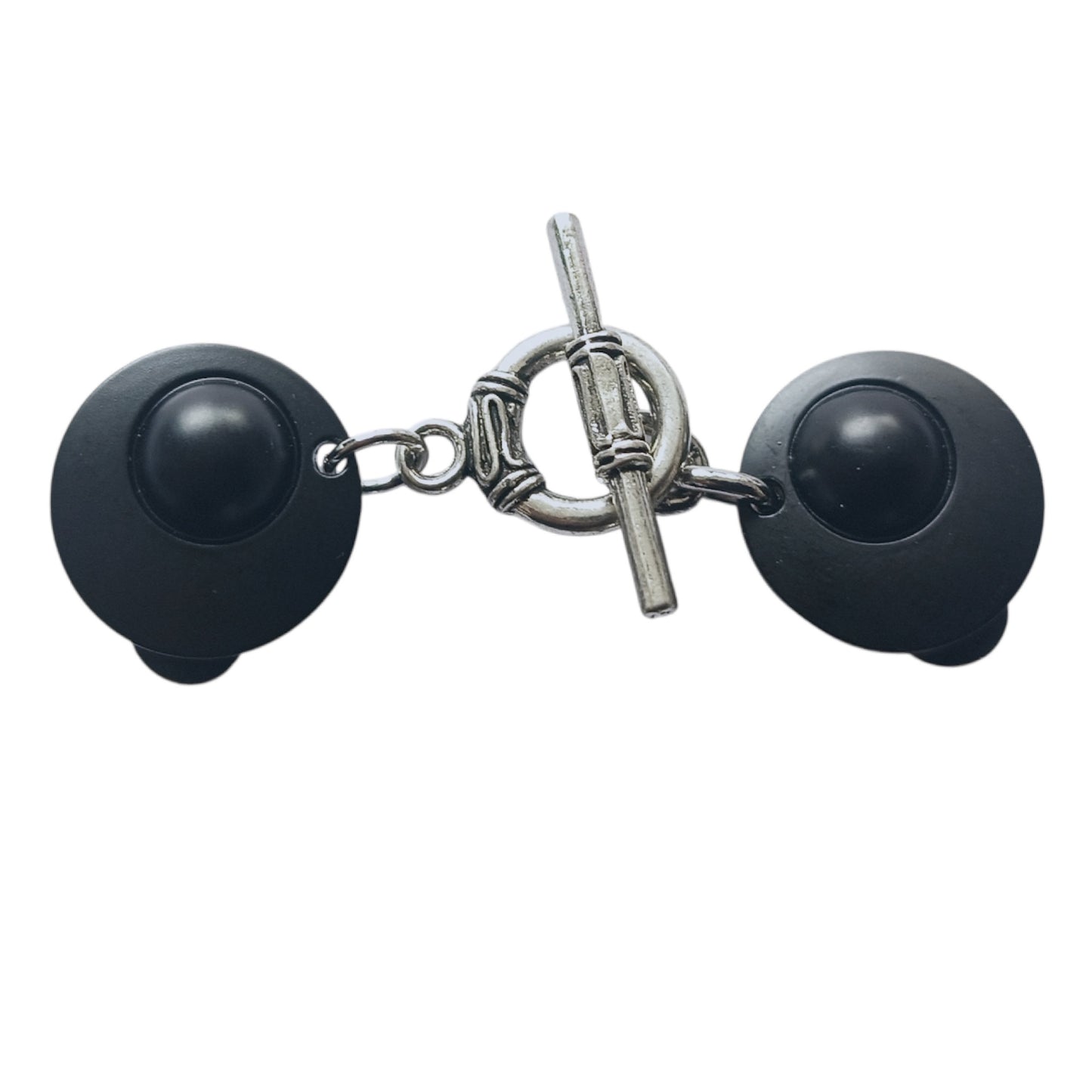 Zwarte vestsluiting met matte knopen en stevige T-bar sluiting in antiek zilver, handgemaakt en krachtig van uitstraling