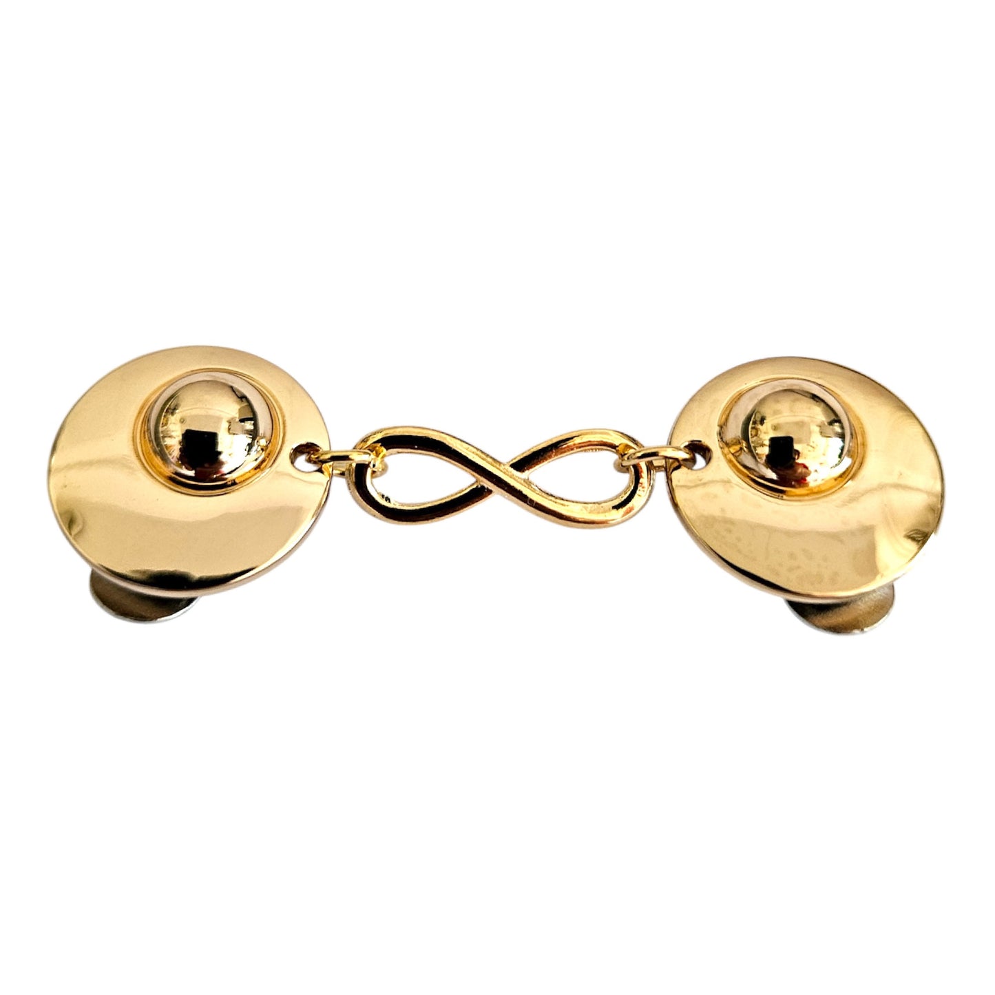 Goudkleurige vestclip met infinity-symbool – staat voor verbondenheid en sluit uw vest stijlvol zonder schade aan de stof