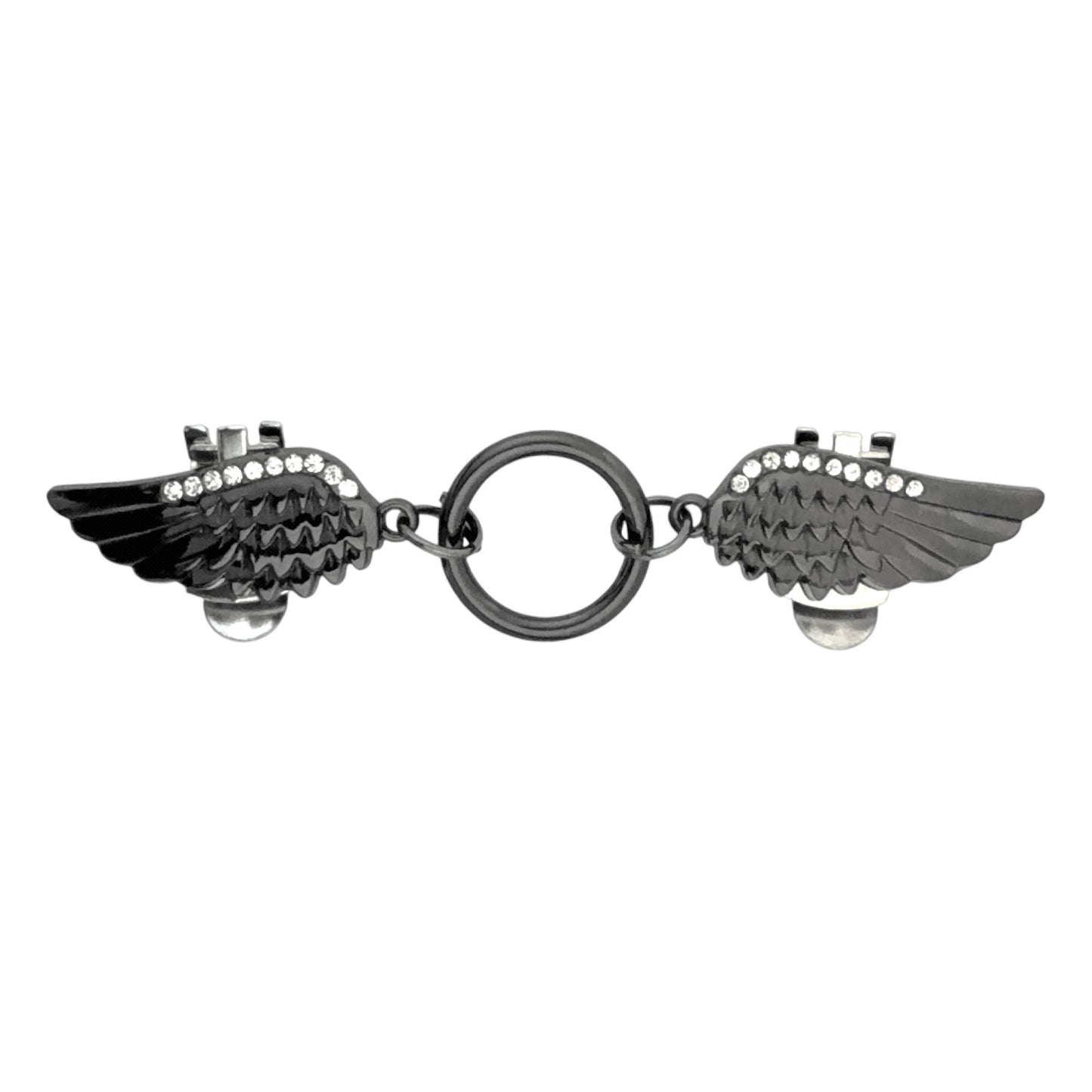 Zwarte vleugelclip met glinsterende strass en ronde middenring, symbool voor vrijheid en kracht, ideaal voor vest of sjaal