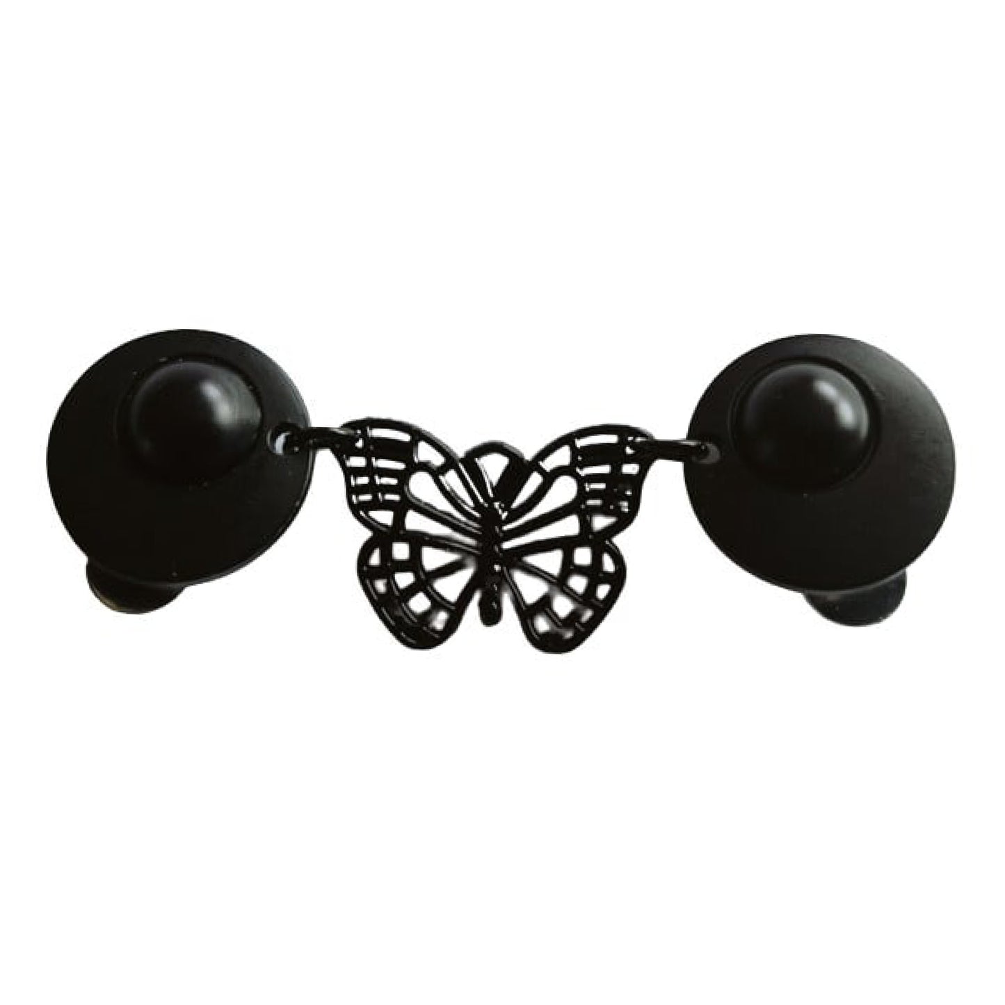 Elegante matzwarte vestsluiting met opengewerkte vlinder, symbool voor vrijheid en verfijning, perfect voor vesten en sjaals.
