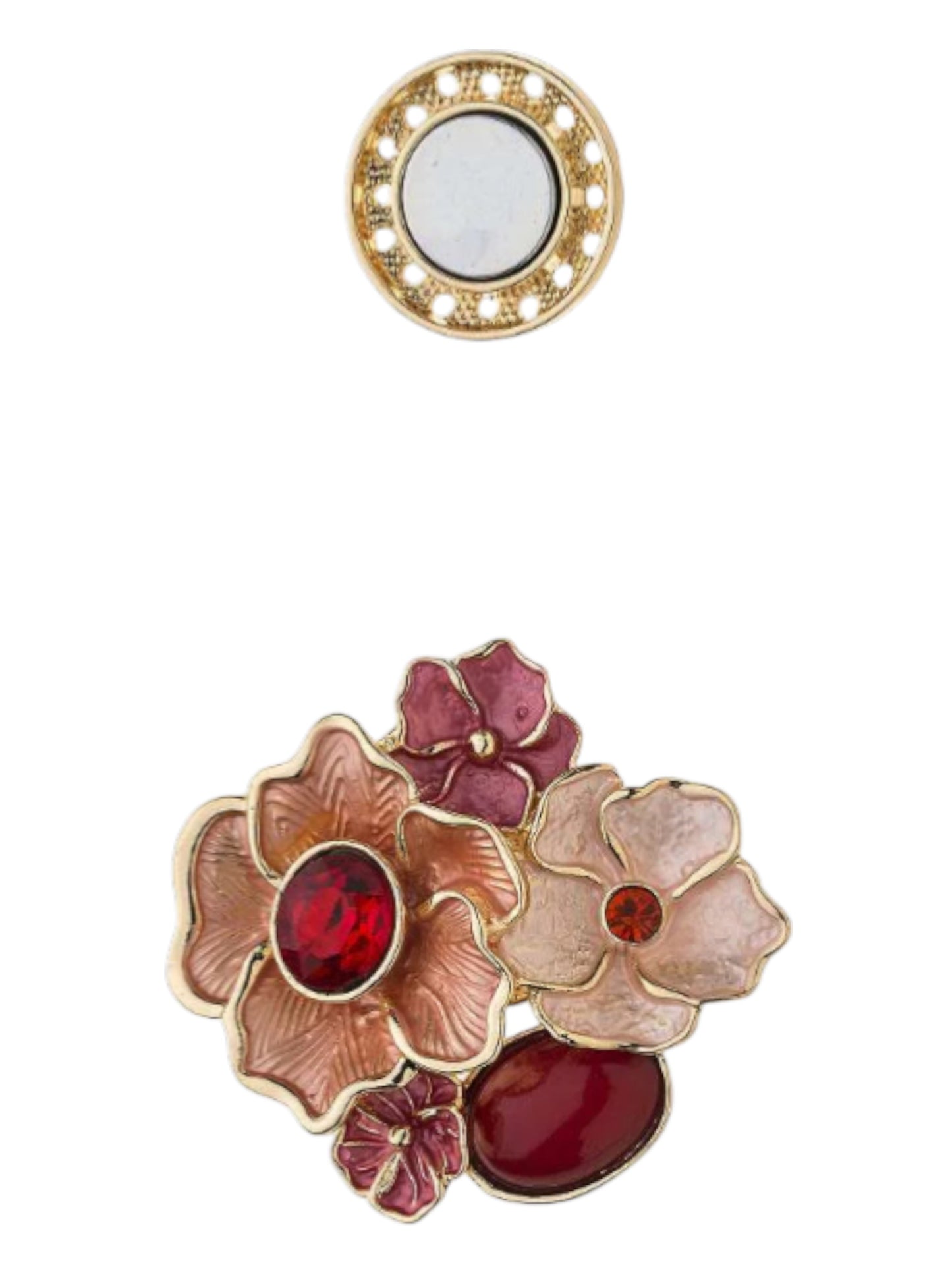 Magneetbroche Bloemenpracht Rood met gelaagde bloemmotieven en warme roodtinten, decoratief te dragen zonder gaatjes in uw kleding