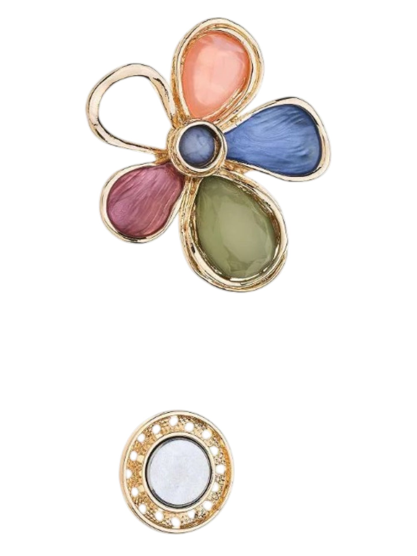 Magneetbroche Nr.25 Multicolor bloem met kleurrijke bloemblaadjes in blauw, groen, roze en perzik tinten.