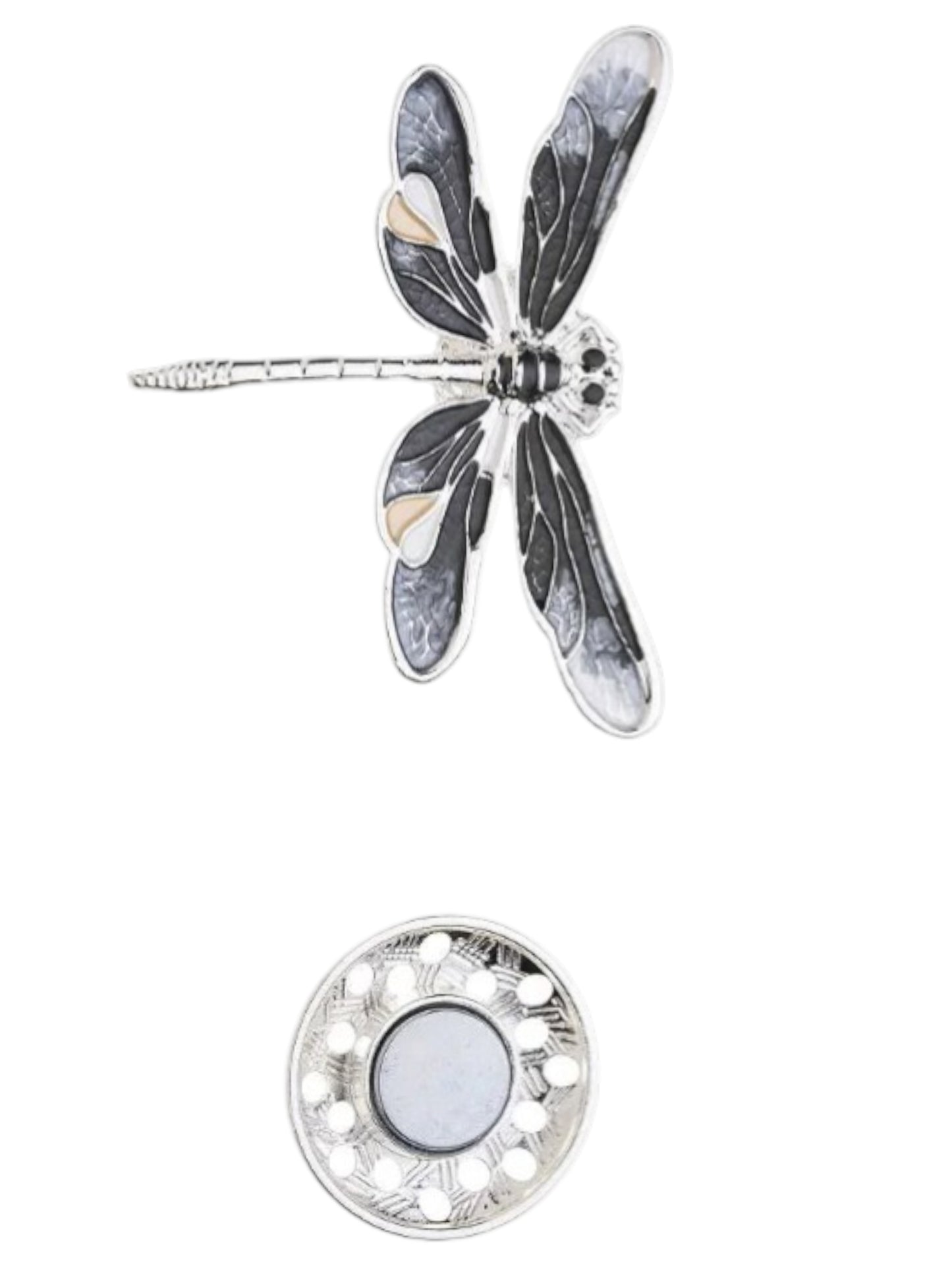 Magneetbroche Nr.45 Libelle Grijstinten met sierlijke libellevorm in grijs-, zwart- en zilvertinten en verfijnde details.