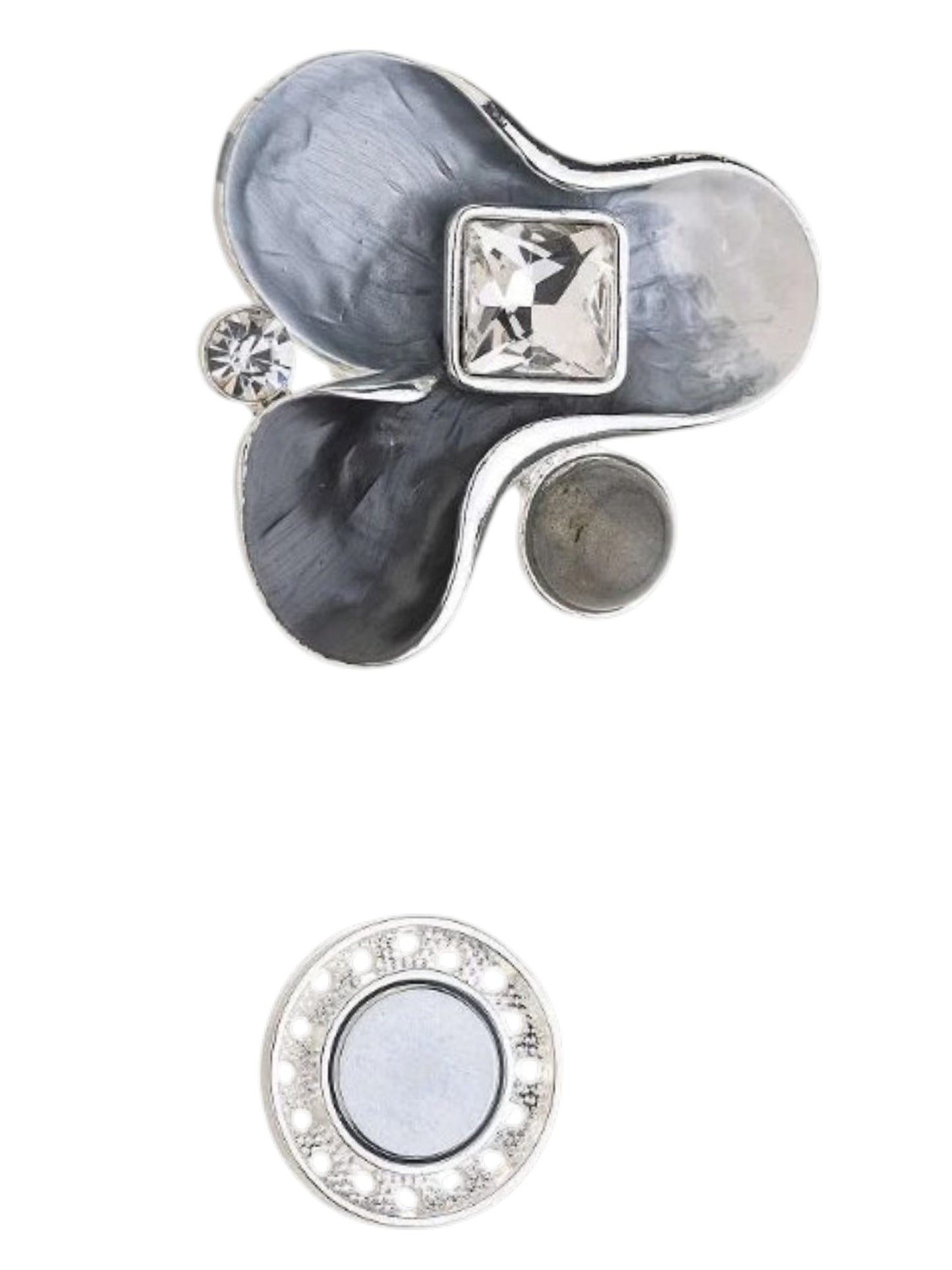 Magneetbroche Nr.65 Grijstinten Elegantie met zachte grijs- en zilvertinten, moderne damesbroche met fonkelend steentje.