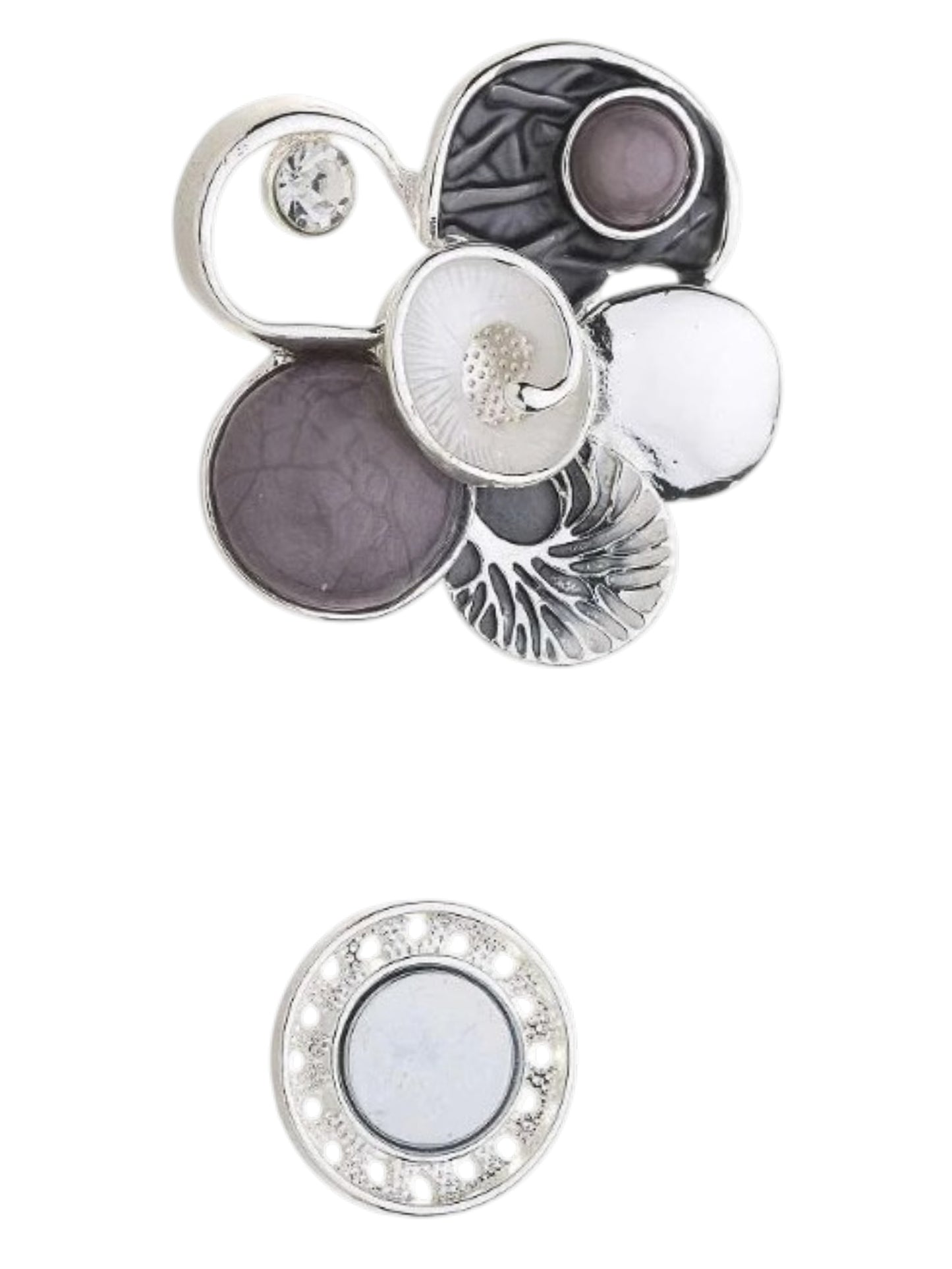 Magneetbroche Nr.70 Zilveren Bloem met Grijstinten in zilver en zachte paarstinten, inclusief ronde magneetsluiting