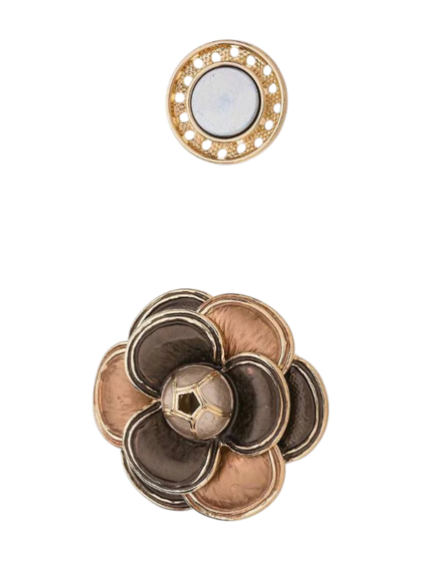 “Magneetbroche Zachte Gloed met bloemvormige lagen in bruin- en koperkleurige tinten, warme elegante uitstraling.”