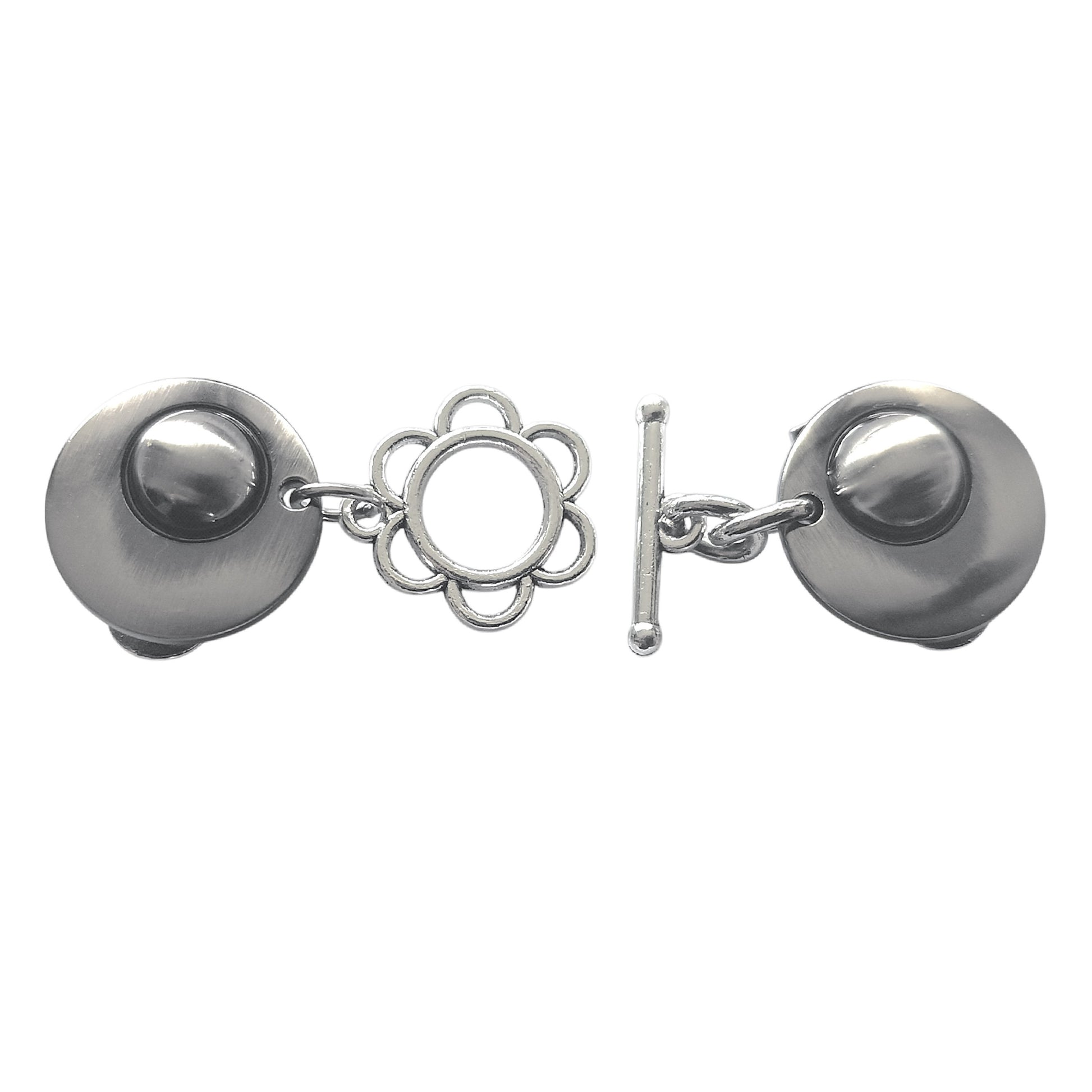 Zilverkleurige handgemaakte vestclip met open T-bar en bloemvormige ring, speels en elegant ontwerp
