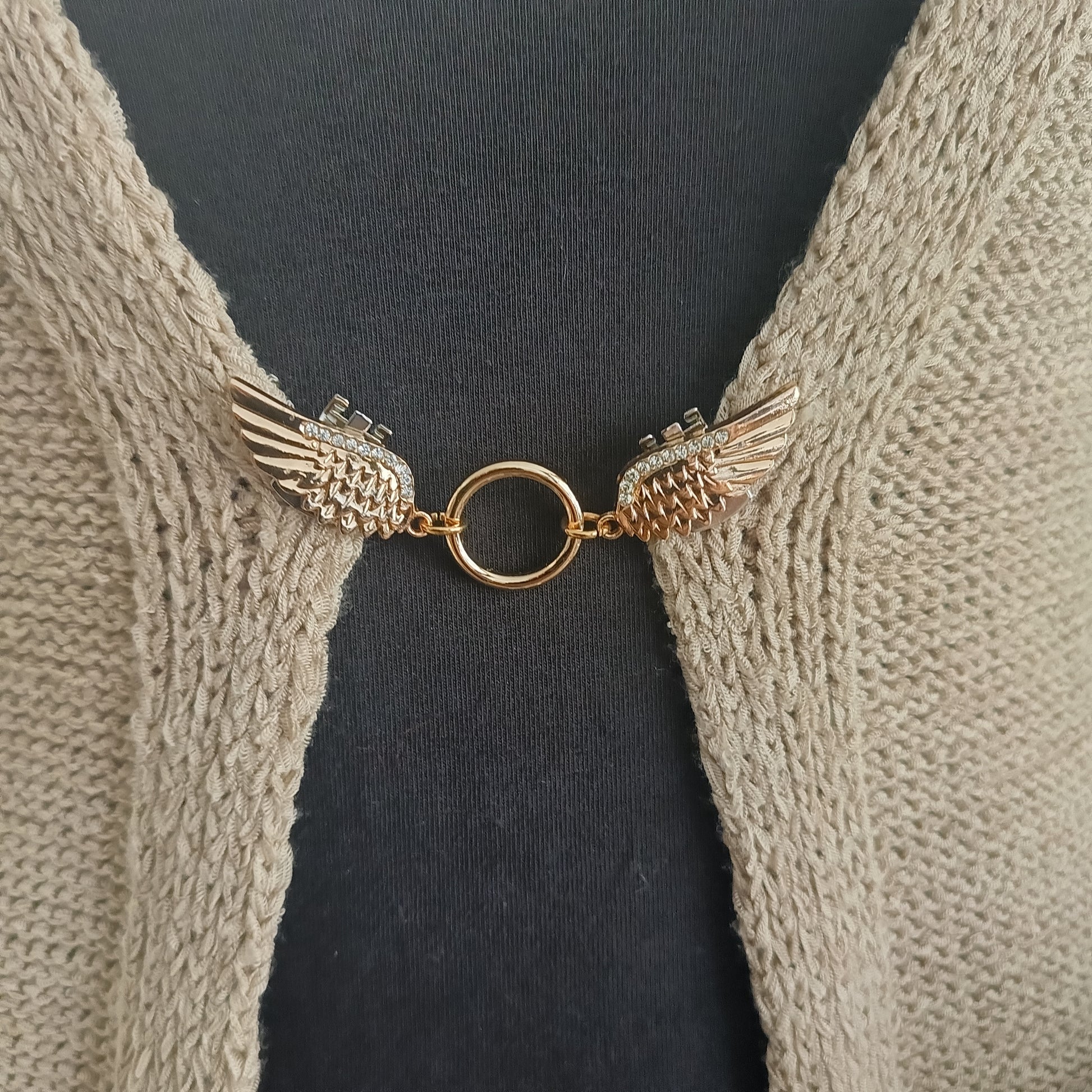 Goudkleurige vestsluiting met sierlijke vleugels en ronde middenring, een elegante Fashionclip die vrijheid en beweging uitstraalt.