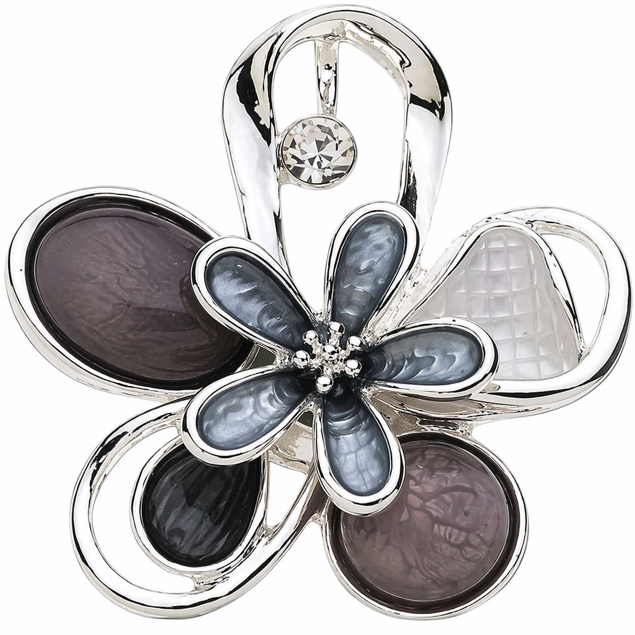 Magneetbroche Nr.60 Elegante bloem zilvergrijs met verfijnde bloemvorm, zilverkleurige details en zachte grijstinten.