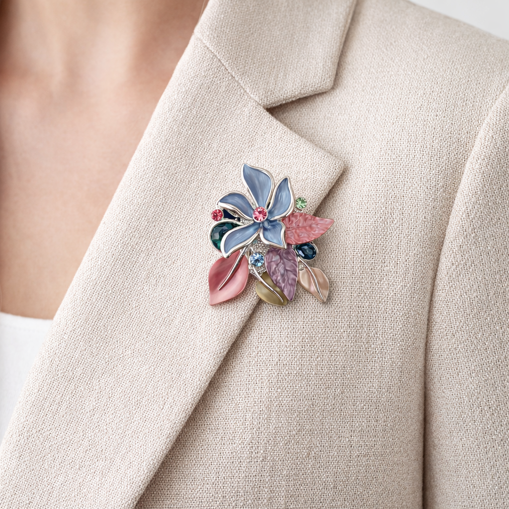 Kleurige magneetbroche met bloem en blaadjes in zachte tinten, versierd met fonkelende steentjes