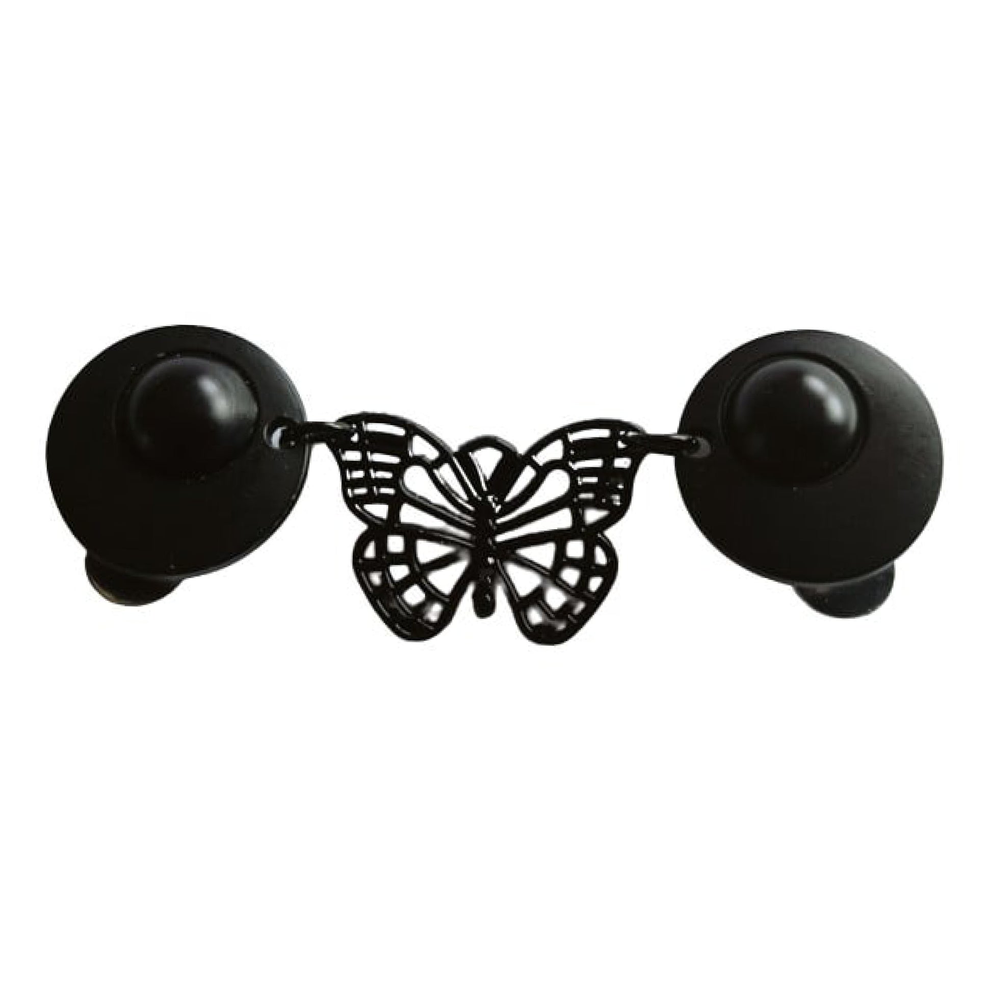 Elegante matzwarte vestsluiting met opengewerkte vlinder, symbool voor vrijheid en verfijning, perfect voor vesten en sjaals.