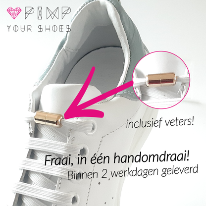 Gouden vetercapsules voor sneakers inclusief veters, handige veteraccessoires voor een nette en stijlvolle afwerking.