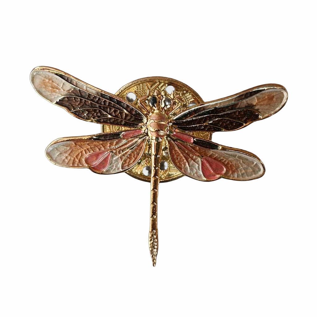“Magneetbroche Gouden Libelle met verfijnde vleugels in goud, bruin en zachte roze accenten, elegante en gedetailleerde afwerking.”