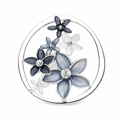 Magneetbroche Harmonie in Bloei met open cirkel en verfijnde bloemen in zilver- en blauwtinten, stijlvol en decoratief te dragen