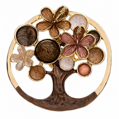 Bruine levensboom magneetbroche met goudkleurige rand, bloemdetails en warme bruin- en crèmetinten. Een stijlvolle broche zonder speld die symbool staat voor groei, kracht en verbondenheid.