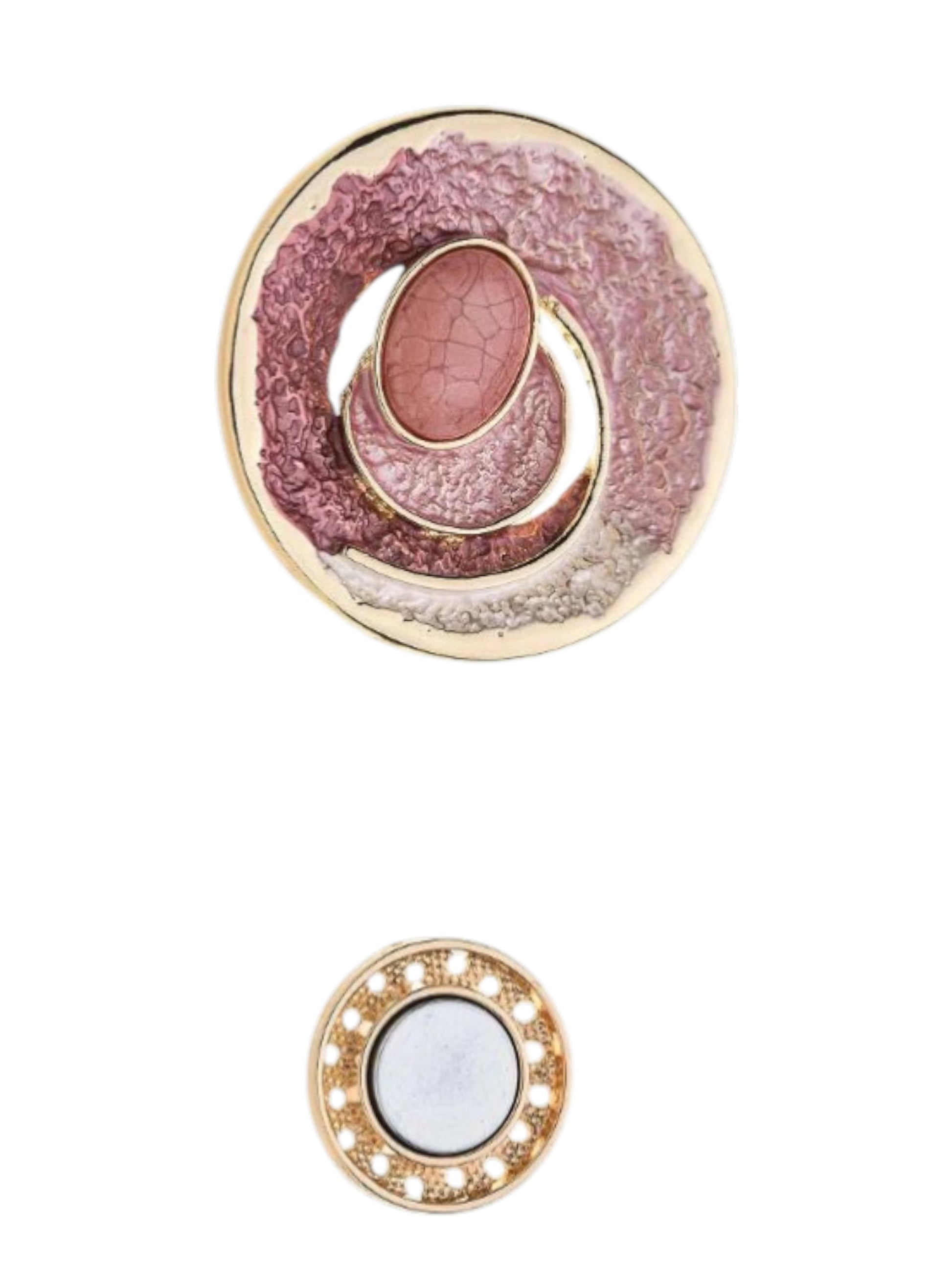 Magneetbroche Nr.21 Roze Goudcirkel met ronde vormen in roze tinten en elegante goudkleurige details.