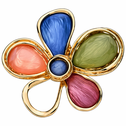 Magneetbroche Nr.25 Multicolor bloem met kleurrijke bloemblaadjes en goudkleurige details in blauw, groen, roze en perzik.