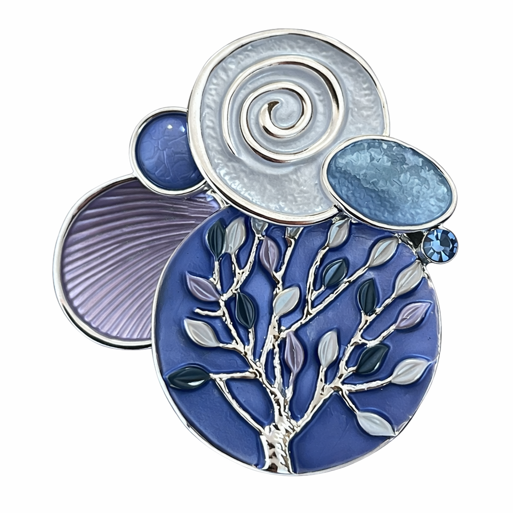 Magneetbroche Nr.41 Blauwe Kracht Levensboom met levensboommotief, blauwe tinten en sierlijke ronde vormen voor een elegante uitstraling.
