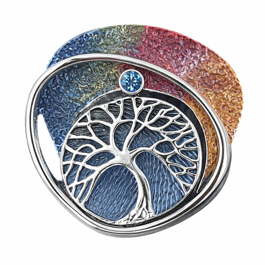 Magneetbroche Nr.44 Kleurrijke levensboom met levensboommotief, blauwe en warme multicolor tinten en verfijnde zilverkleurige details.