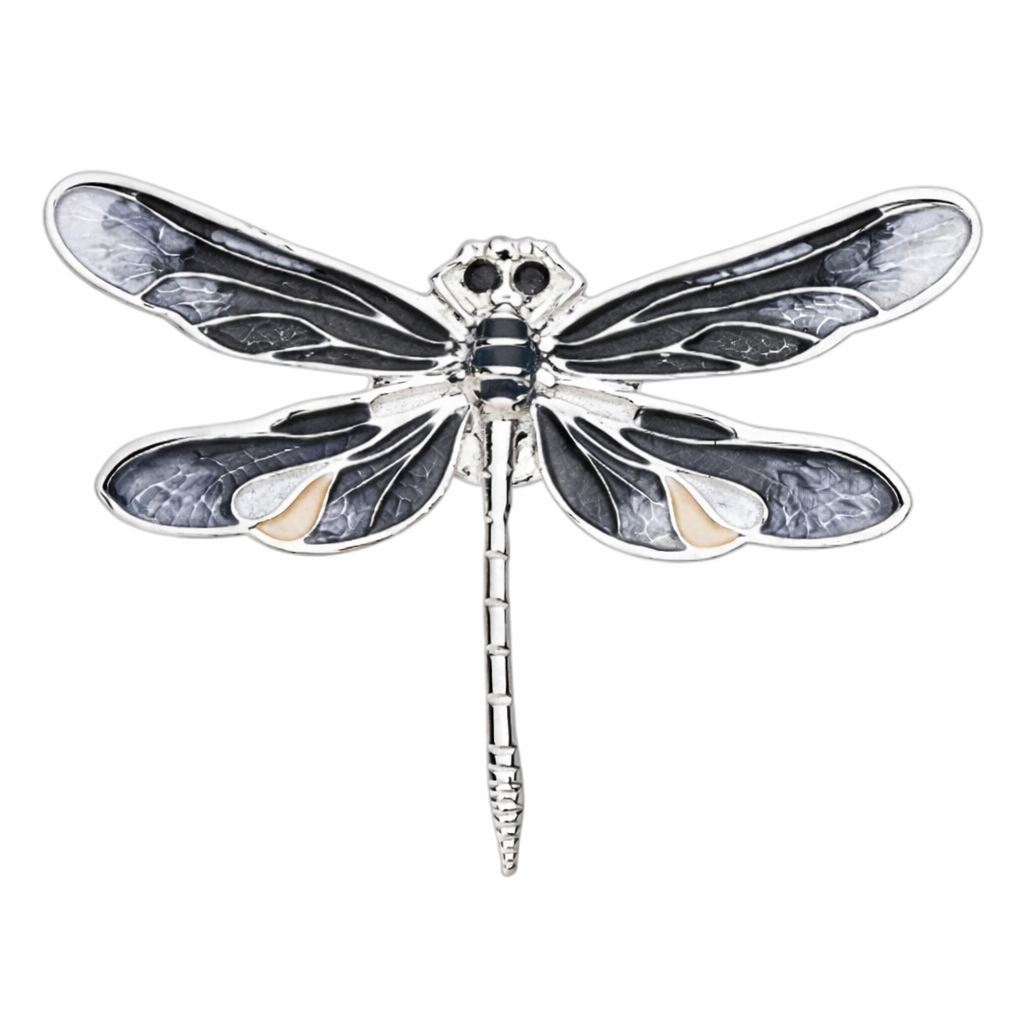 Magneetbroche Nr.45 Libelle Grijstinten met elegante libellevorm in grijs-, zwart- en zilvertinten en verfijnde zilverkleurige accenten.