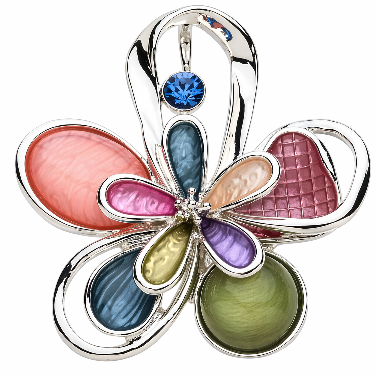 Magneetbroche Nr.59 Kleurrijke bloem zilverkleurig met pastelkleuren, bloemvorm en glanzende zilverkleurige accenten.
