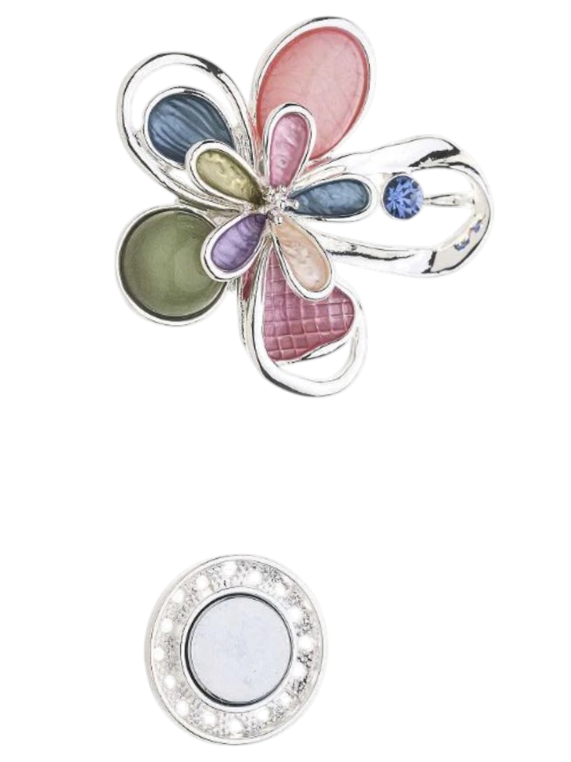 Magneetbroche Nr.59 Kleurrijke bloem zilverkleurig met pastelkleuren, bloemvorm en verfijnde zilverkleurige details.