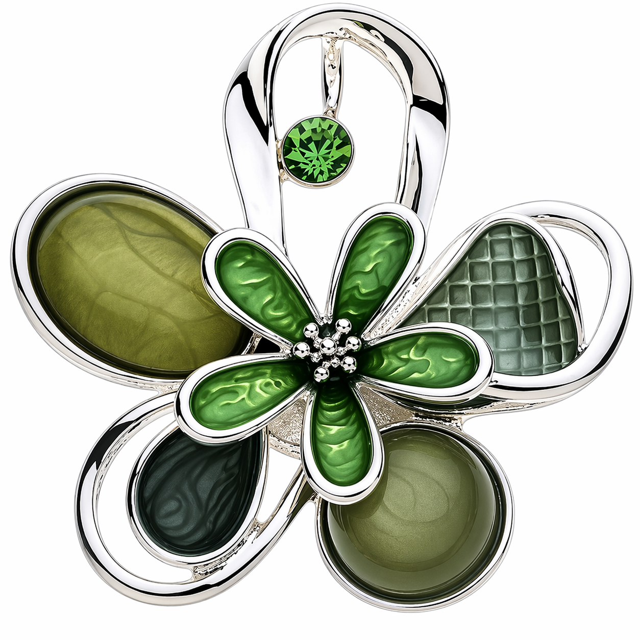 Magneetbroche Nr.61 Olijfgroene bloem zilver met groene bloemblaadjes, zilverkleurige details en verfijnde glanzende accenten.