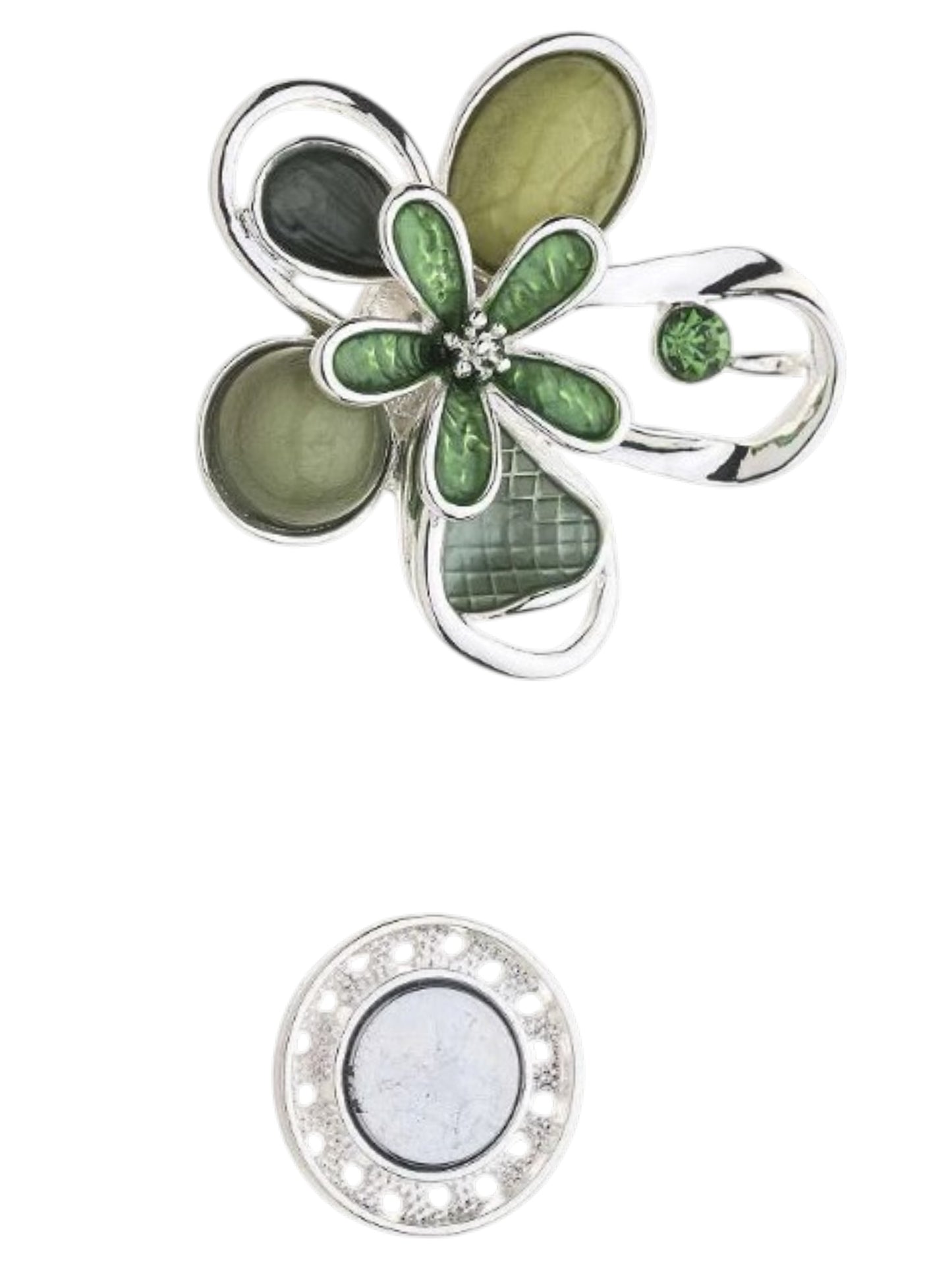 Magneetbroche Nr.61 Olijfgroene bloem zilver met groene bloemblaadjes, zilverkleurige details en elegante uitstraling.