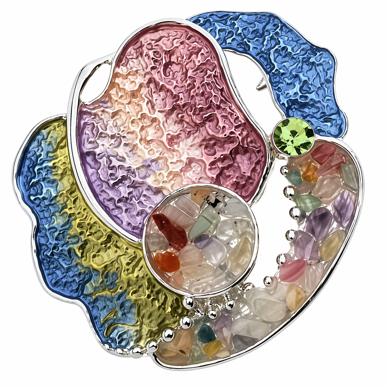 Magneetbroche Nr.62 Speelse multicolor broche met kleurrijke vormen, steentjes en glanzende details in roze, blauw en paars.