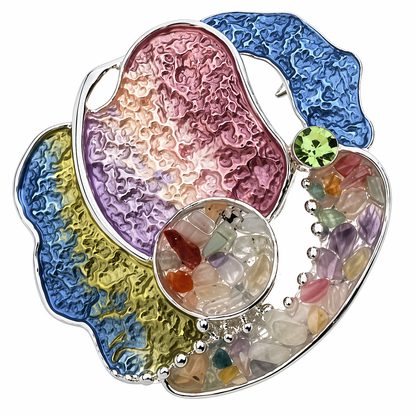 Magneetbroche Nr.62 Speelse multicolor broche met kleurrijke vormen, steentjes en glanzende details in roze, blauw en paars.
