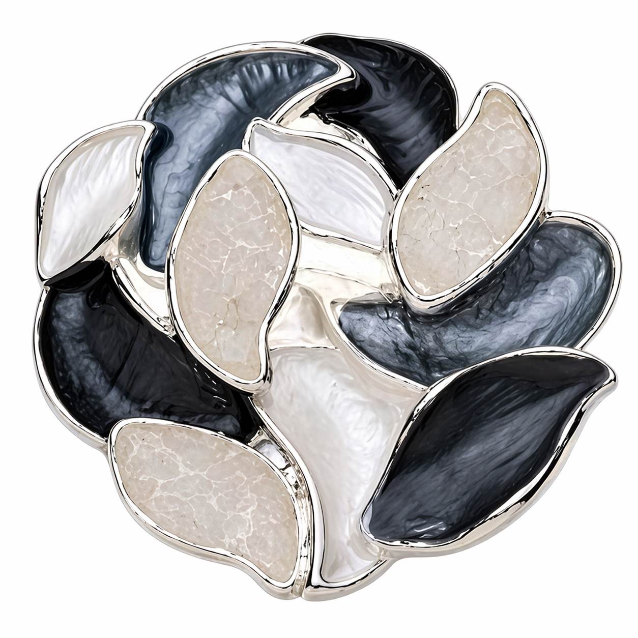 Magneetbroche Nr.63 Harmonie Grijstinten met speelse vormen in zwart, wit en grijs, elegante damesbroche met zilverkleurige accenten.