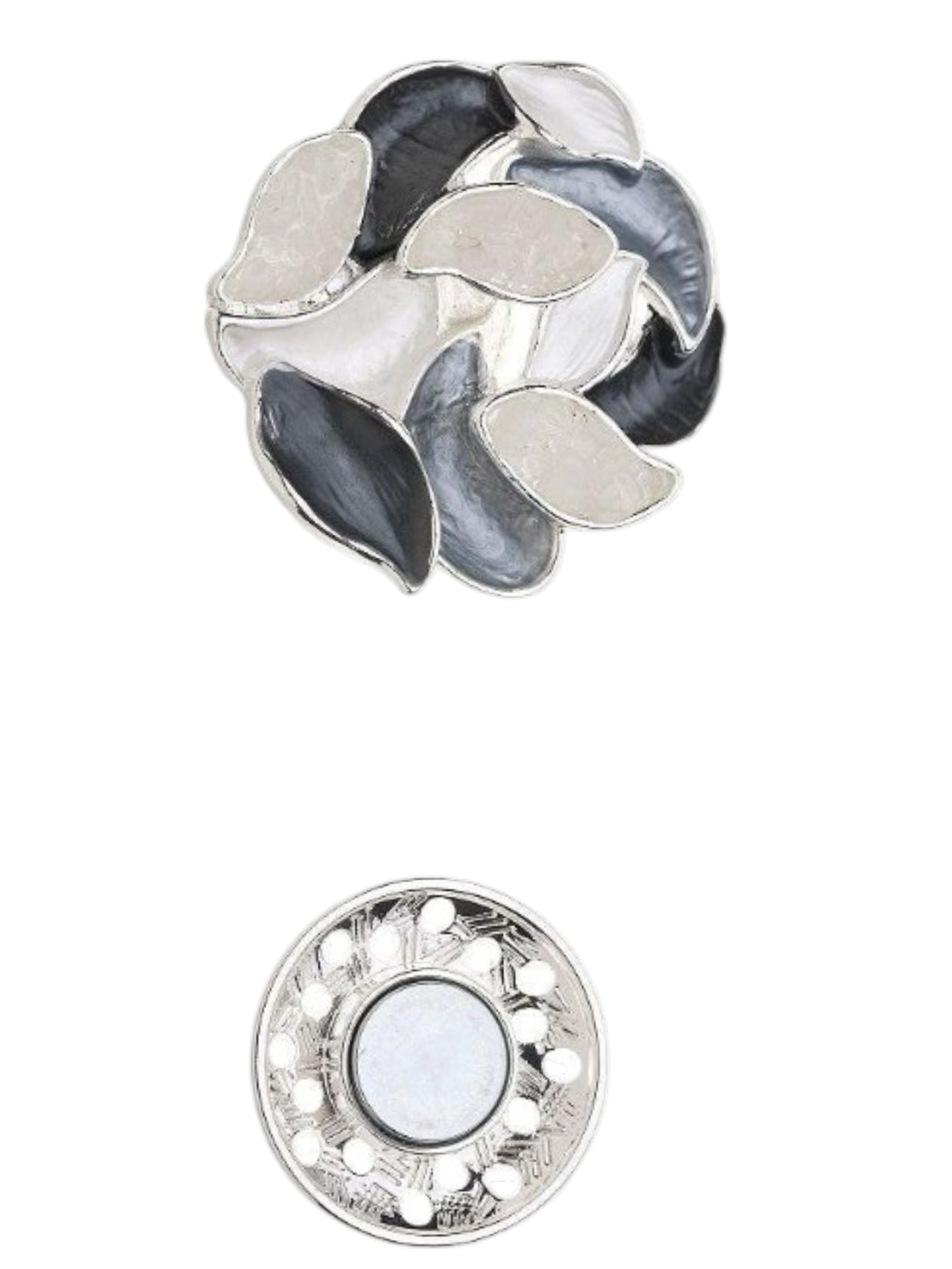 Magneetbroche Nr.63 Harmonie Grijstinten met elegante vormen in zwart, wit en grijs, moderne damesbroche met zilverkleurige details.