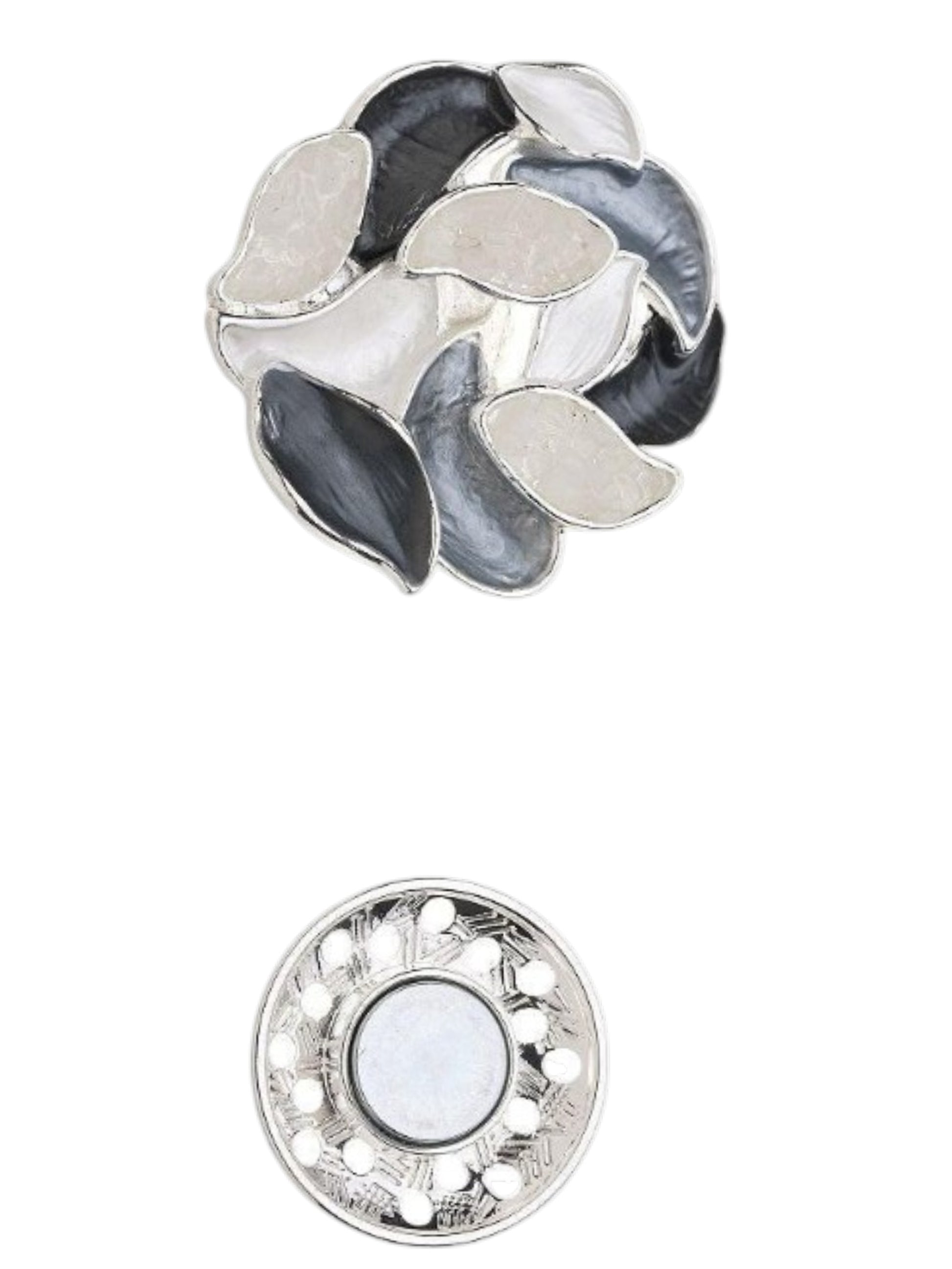 Magneetbroche Nr.63 Harmonie Grijstinten met elegante vormen in zwart, wit en grijs, moderne damesbroche met zilverkleurige details.