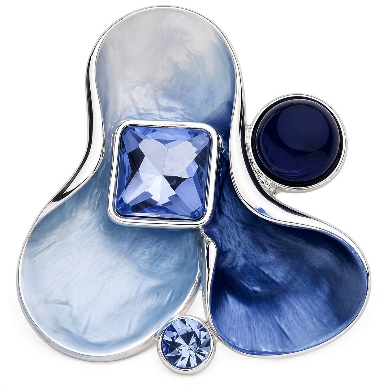 Magneetbroche Nr.64 Blauwe Elegantie met diepe blauwtinten, zilverkleurige details en fonkelende blauwe kristallen.