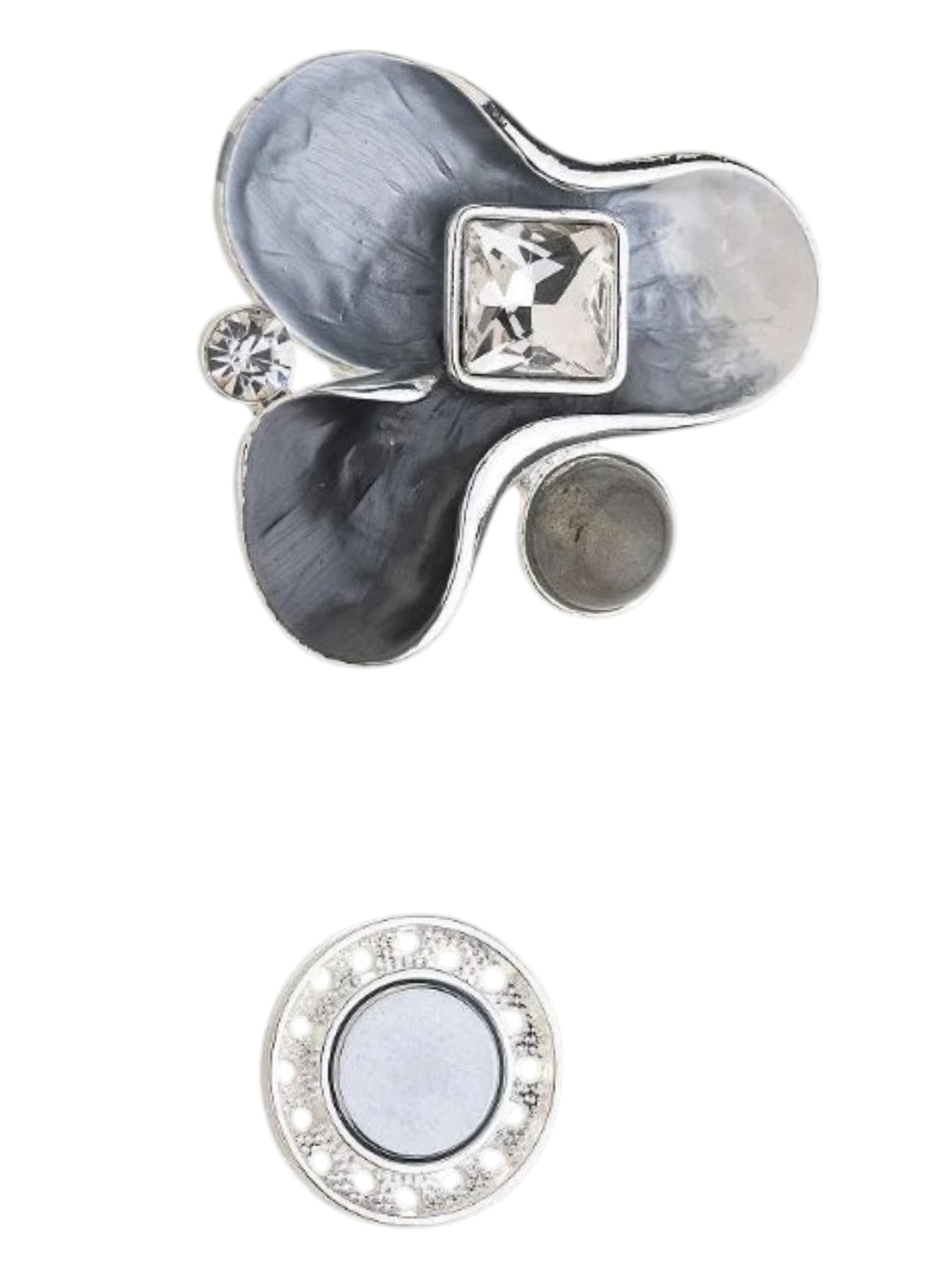 Magneetbroche Nr.65 Grijstinten Elegantie met zachte grijs- en zilvertinten, moderne damesbroche met fonkelend steentje.