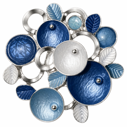 Magneetbroche Nr.66 Blauwe Bloemencompositie met ronde vormen in licht- en donkerblauw, elegante damesbroche met zilverkleurige accenten.