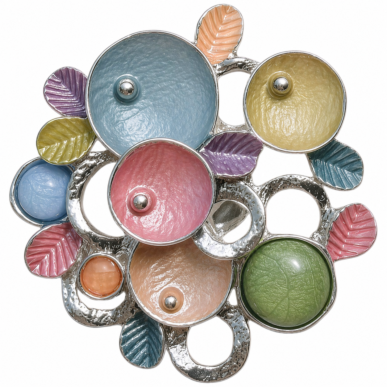 Magneetbroche Nr.67 Kleurrijke Bloemenmix met zachte pastelkleuren, ronde vormen en speelse zilverkleurige accenten.