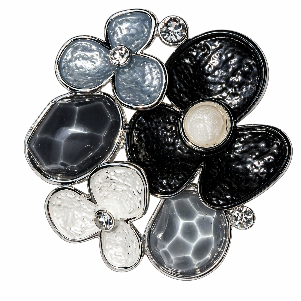 Magneetbroche Nr.68 Grijstinten Luxe Bloem met zwarte en zilveren bloemen, elegante damesbroche met glanzende steentjes.