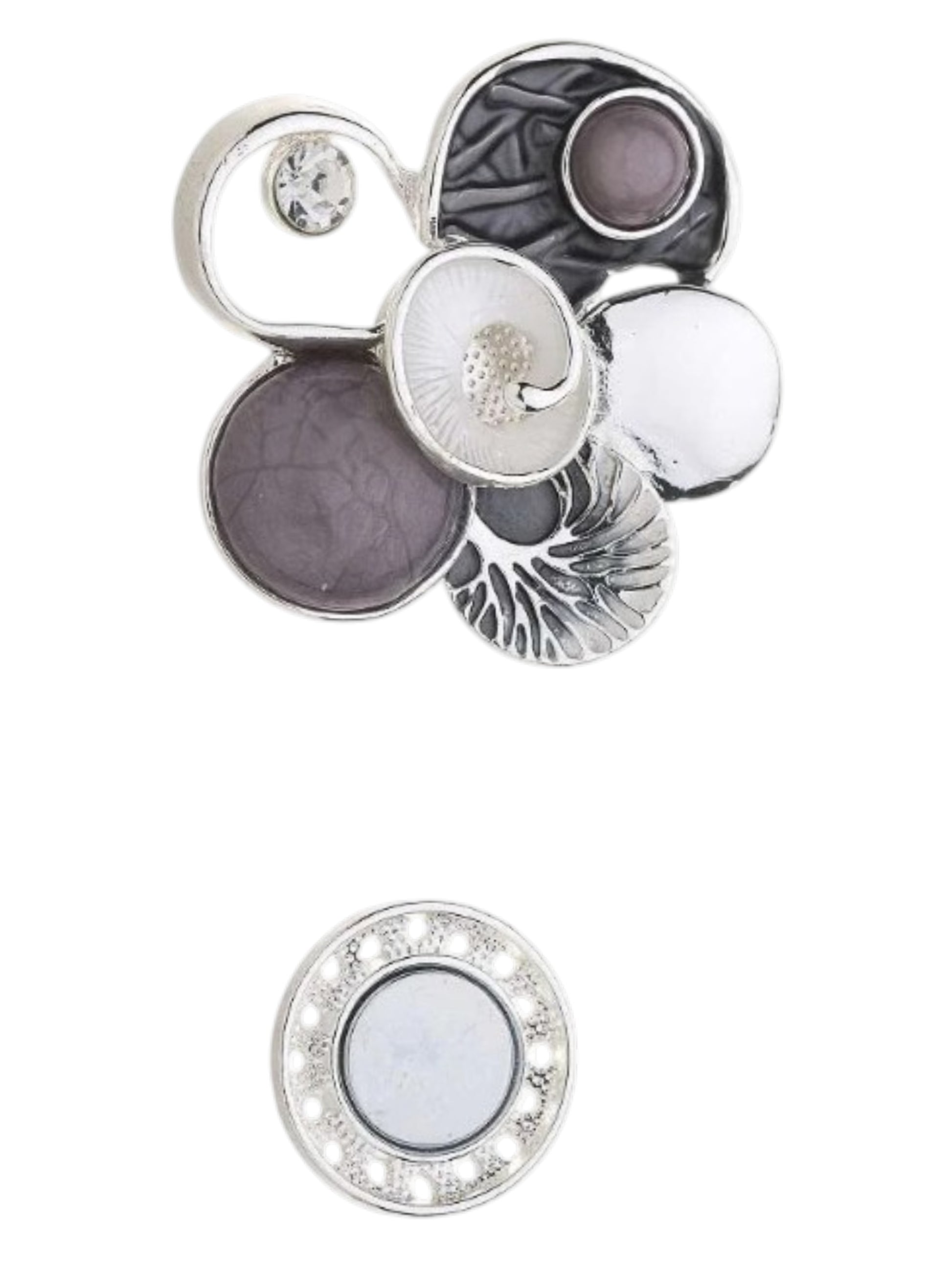 Magneetbroche Nr.70 Zilveren Bloem met Grijstinten in zilver en zachte paarstinten, inclusief ronde magneetsluiting