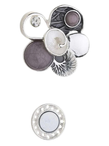 Magneetbroche Nr.70 Zilveren Bloem met Grijstinten in zilver en zachte paarstinten, inclusief ronde magneetsluiting