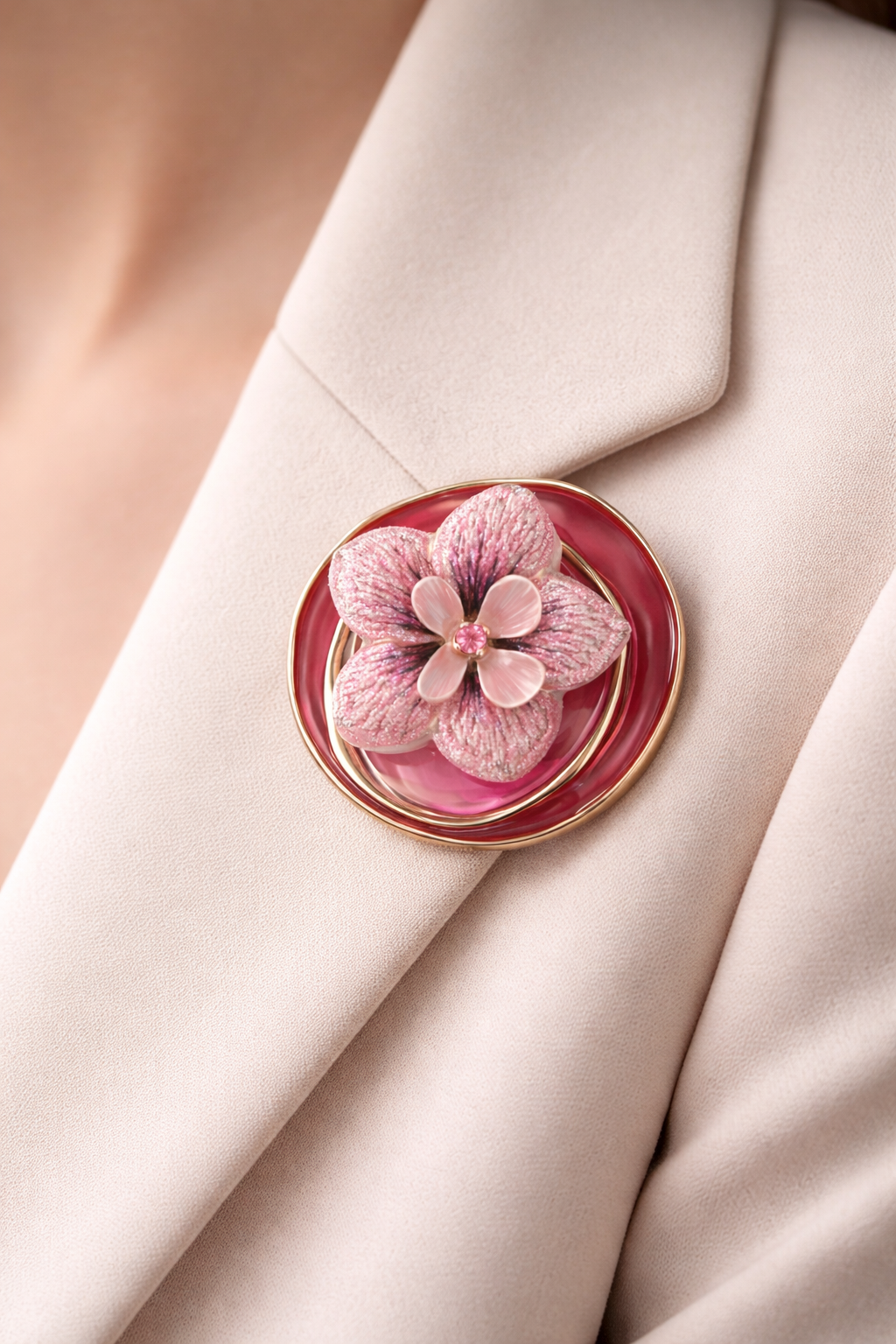 Roze magneetbroche met bloesemvorm en zachte glans in vrouwelijke tinten