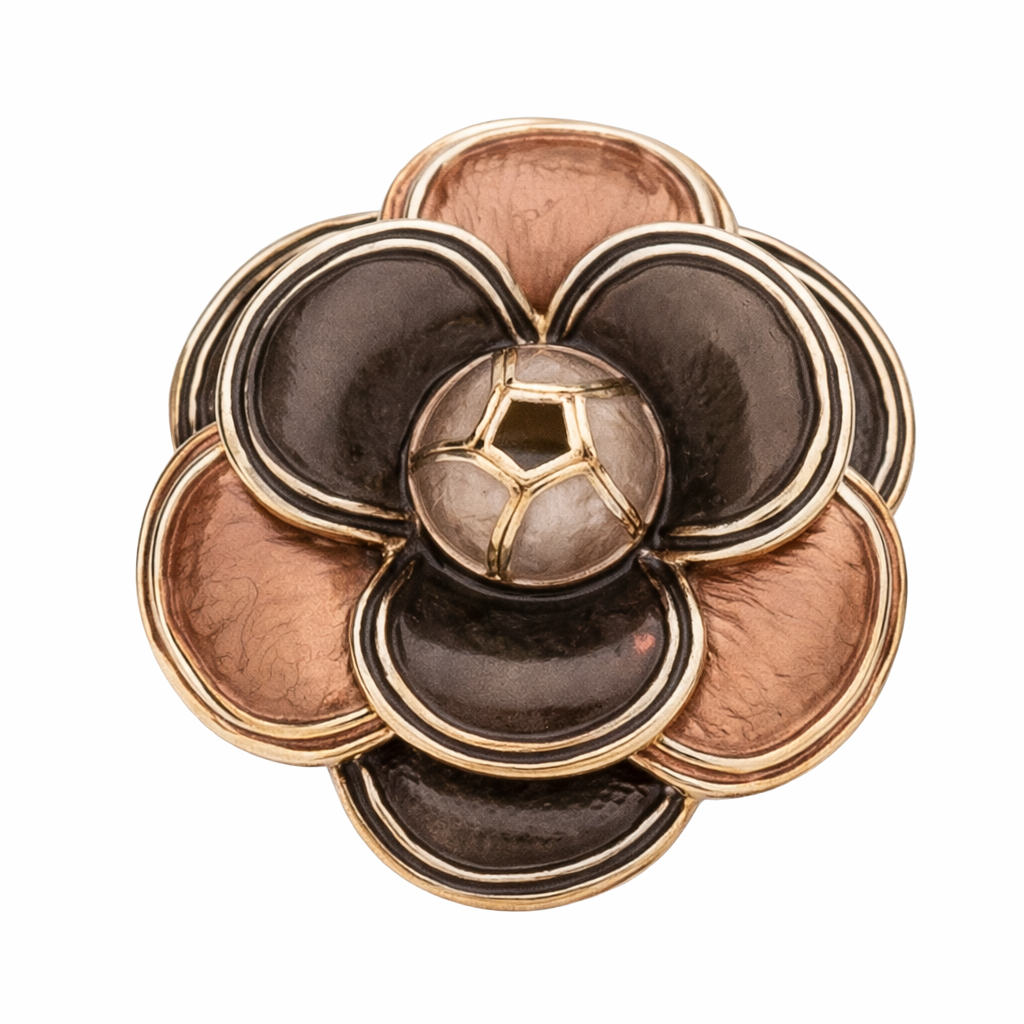 “Magneetbroche Zachte Gloed met bloemvormige lagen in bruin en koper, centrale steen met goudkleurige details.”