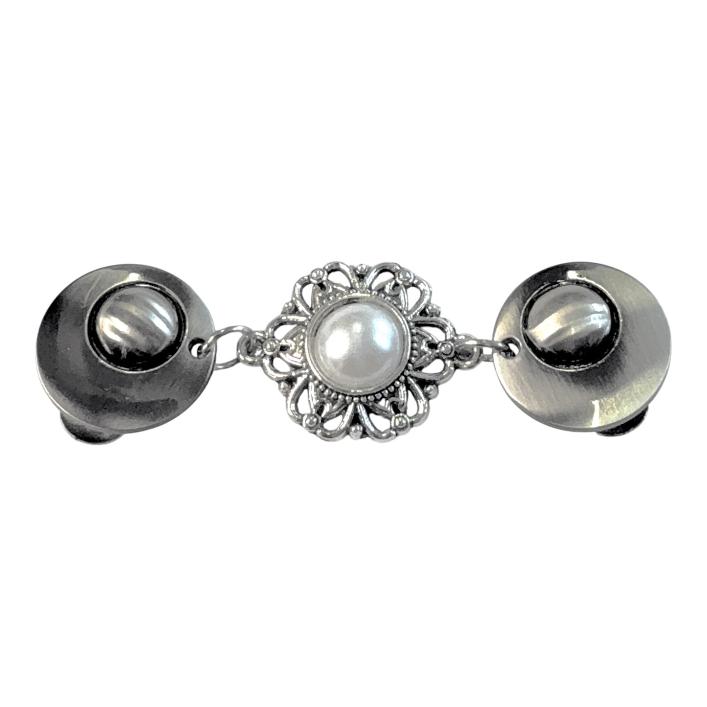 Vestsluiting De Grote Parel met zilverkleurige clips en opvallende parelbedel, elegante Fashionclip voor het sluiten van vesten.