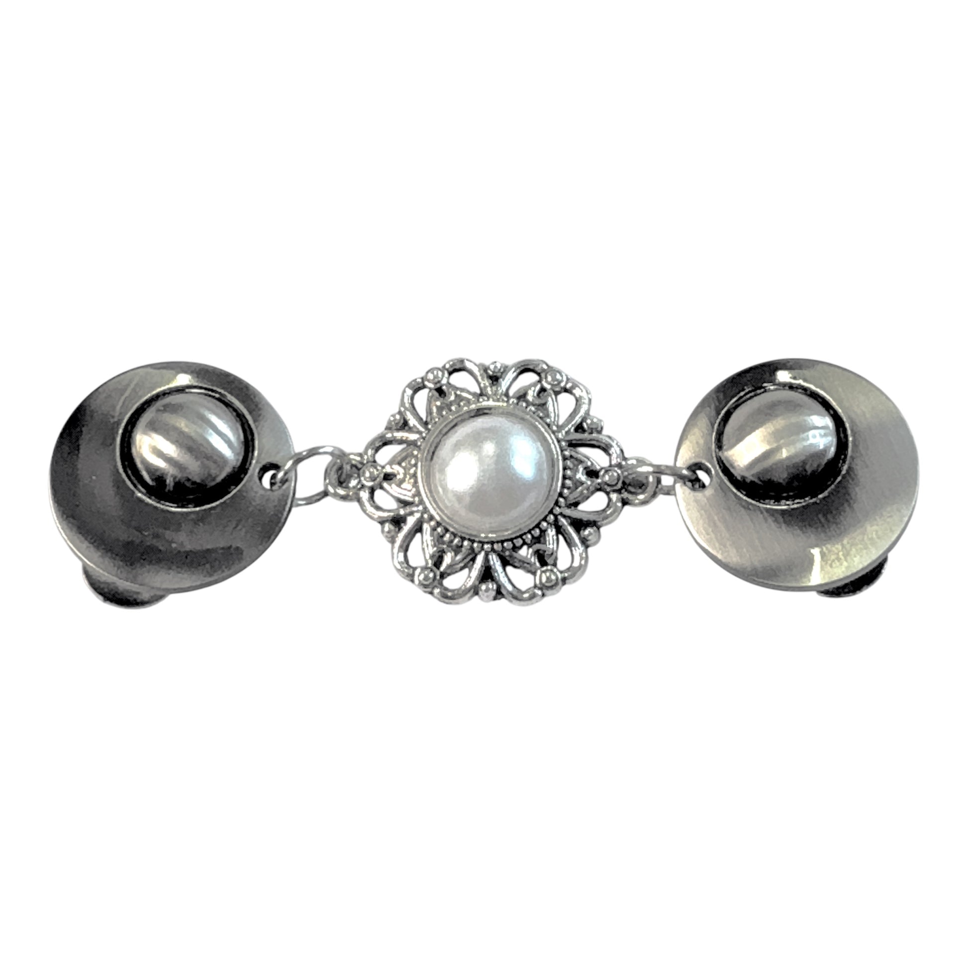 Vestsluiting De Grote Parel met zilverkleurige clips en opvallende parelbedel, elegante Fashionclip voor het sluiten van vesten.
