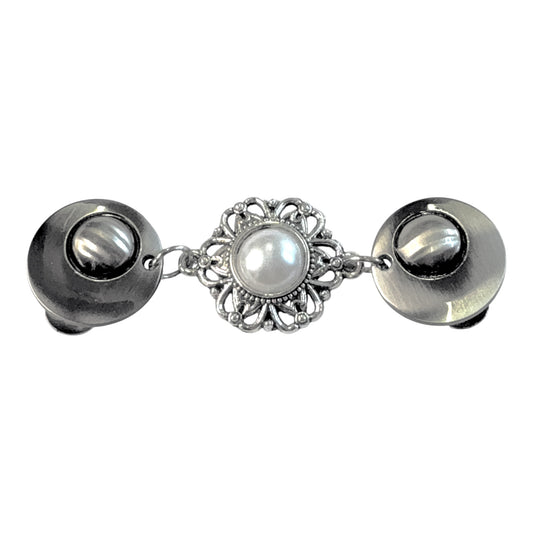 Vestsluiting De Grote Parel met zilverkleurige clips en opvallende parelbedel, elegante Fashionclip voor het sluiten van vesten.