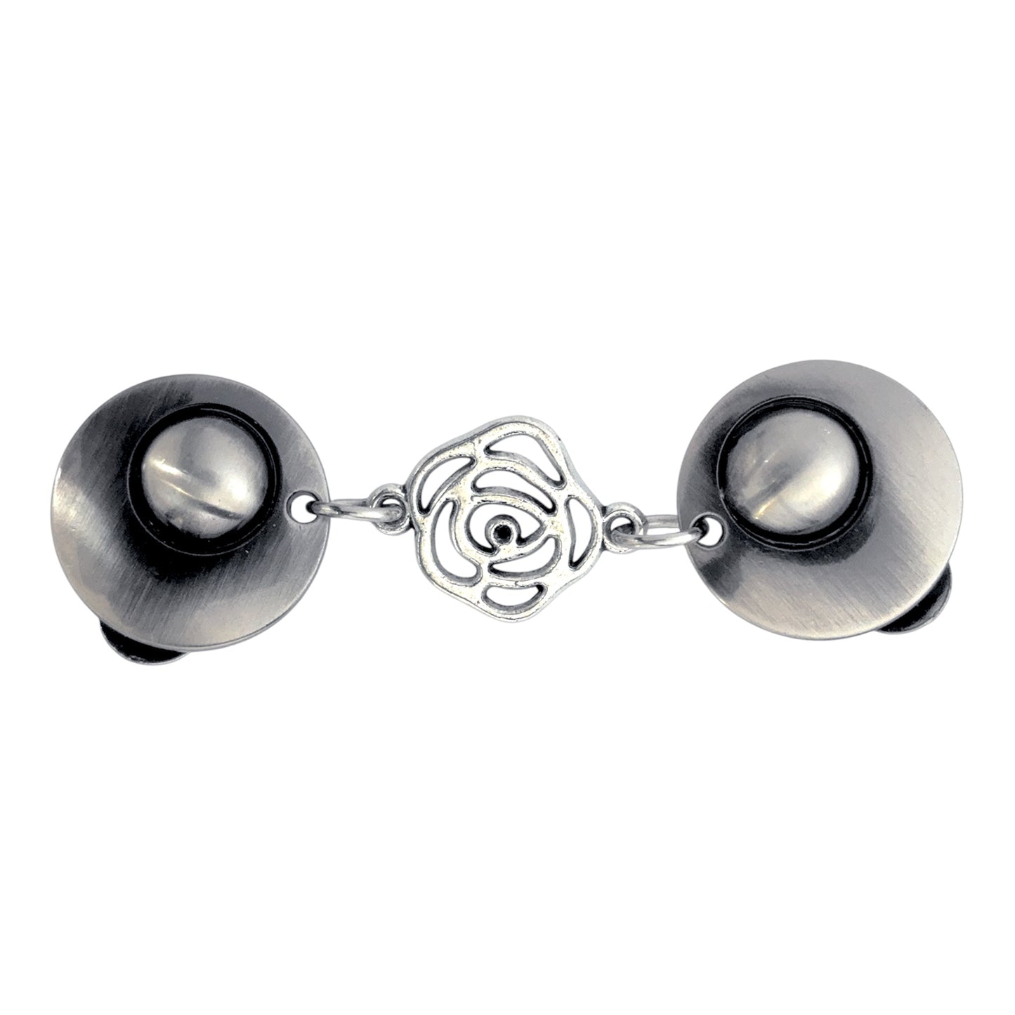 Vestsluiting De Open Roos zilver met zilverkleurige clips en opengewerkte rozenbedel, elegante Fashionclip voor het sluiten van vesten.