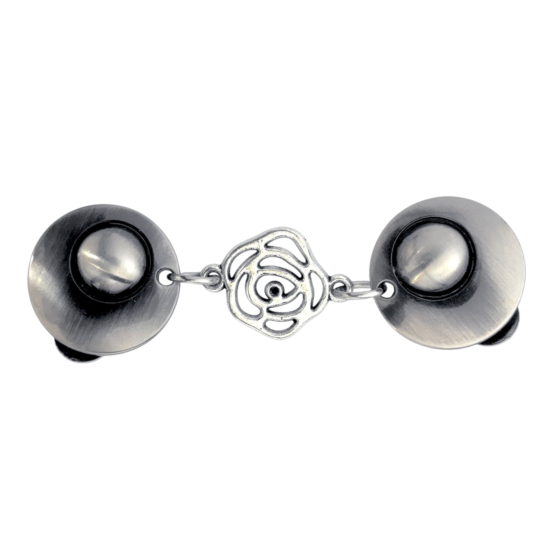 Vestsluiting De Open Roos zilver met zilverkleurige clips en opengewerkte rozenbedel, elegante Fashionclip voor het sluiten van vesten.