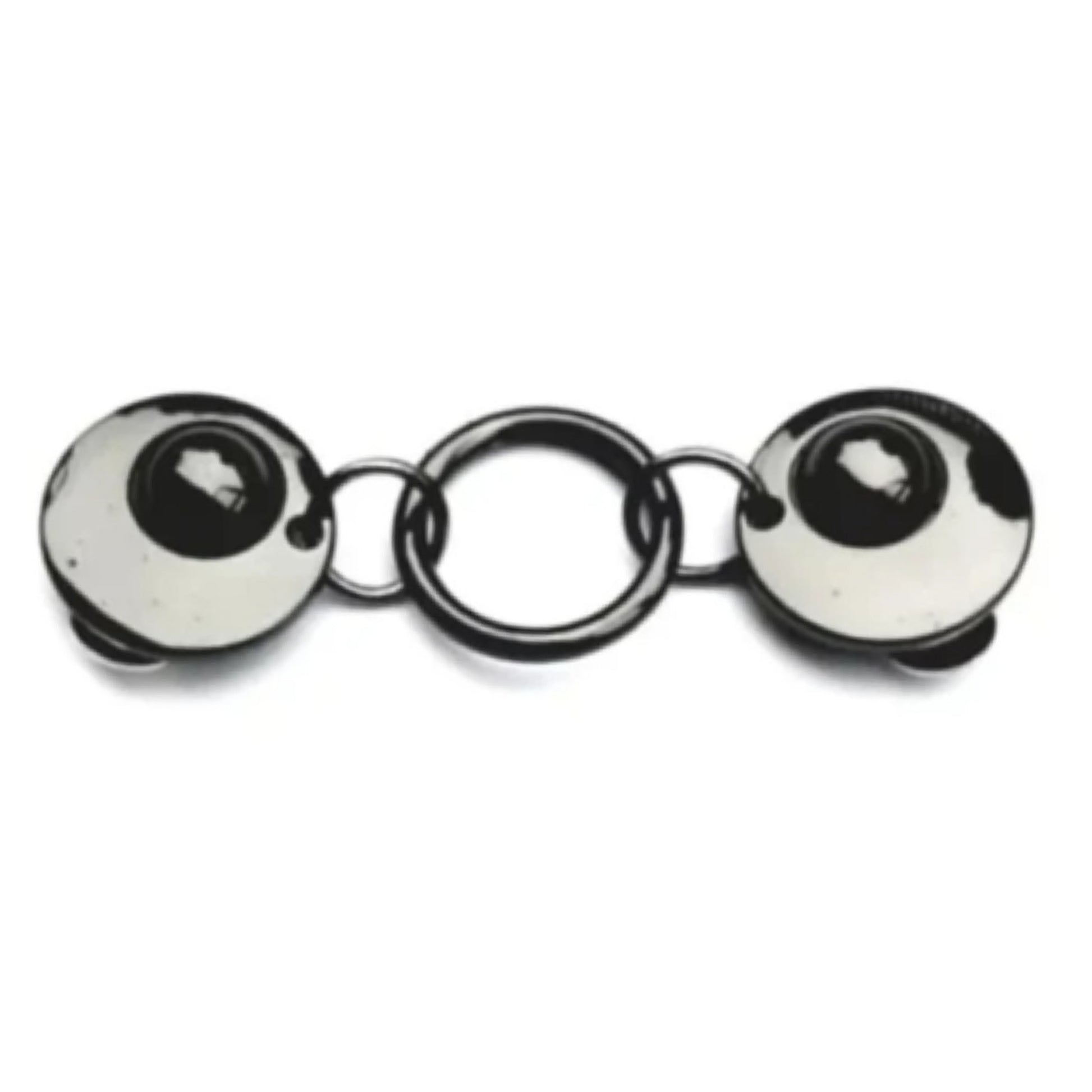 Vestsluiting Het Rondje zwart glanzend met ronde clips en ringverbinding, stijlvolle Fashionclip voor het sluiten van vesten.