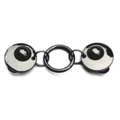 Vestsluiting Het Rondje zwart glanzend met ronde clips en ringverbinding, stijlvolle Fashionclip voor het sluiten van vesten.